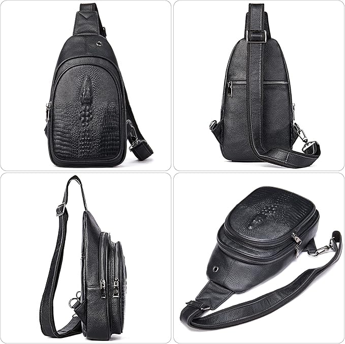 NIUCUNZH Crocodile Leather Sling Bag with Leather Strap, 3 Zipper Crossbody Shoulder Bags for Travel Hike Everyday Carry