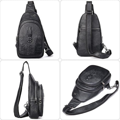 NIUCUNZH Crocodile Leather Sling Bag with Leather Strap, 3 Zipper Crossbody Shoulder Bags for Travel Hike Everyday Carry