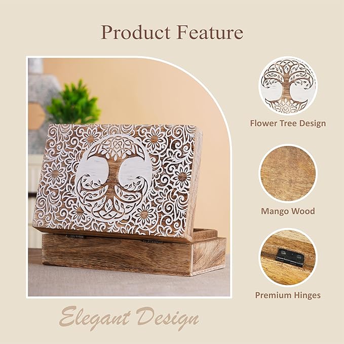 Ajuny Tree of Life Pattern Decorative Box Keepsake Trinket Holder Treasure Chest Jewelry Organizer for Necklaces Watch Storage Boxes Great for Gift- 8X5 Inch