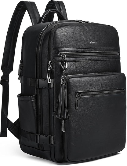 Shrrie Laptop Backpack for Women,Vegan Leather Backpack Work Computer Backpacks fits 16" Laptop,Water Resistant Teacher Nurse Casual Daypack for Weekender Camping Travel,Two-toned Black