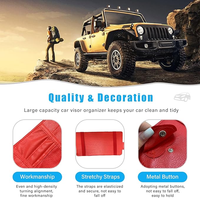 Augeny Car Sun Visor Organizer, Leather Personal Belonging Storage Pouch with Zipper, Car Visor Storage Pouch Sunglasses Holder, Auto Interior Accessories Pocket Organizers (Red)