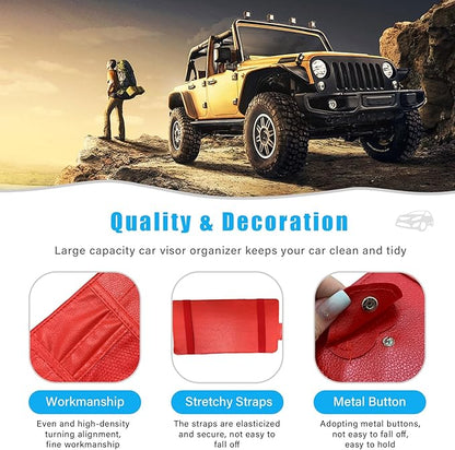 Augeny Car Sun Visor Organizer, Leather Personal Belonging Storage Pouch with Zipper, Car Visor Storage Pouch Sunglasses Holder, Auto Interior Accessories Pocket Organizers (Red)