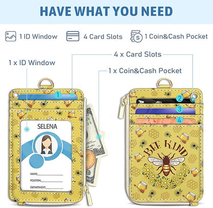 Piefly Bee Kind Lanyard Wallet with ID Badge Holder, Small RFID Wallet Women Keychain Wristlet, Slim Credit Card Holder Case with Zipper Pocket Phone Lanyard Wrist Strap Name Tag Office Teacher Gift