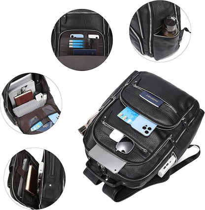 LANNSYNE Men Vinatge Full Grain Leather Backpack Fits 17.3" Laptop, Travel Overnight Daypacks - Black