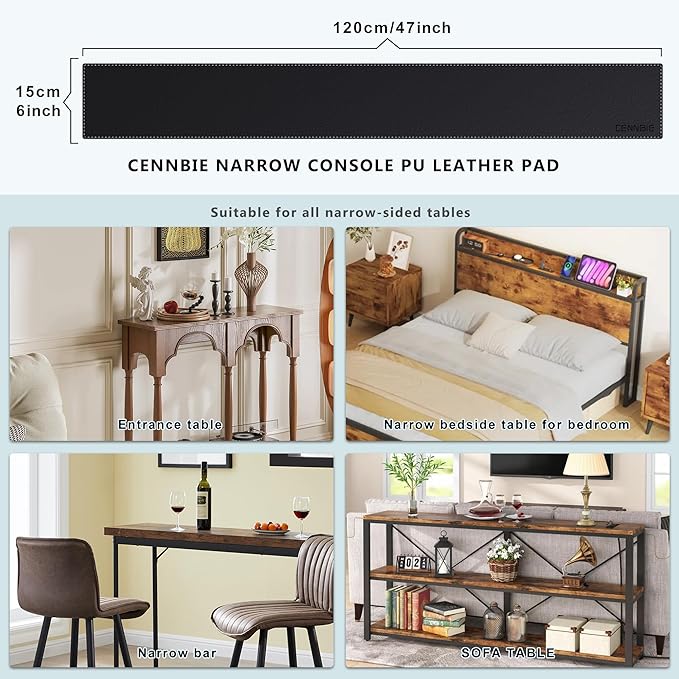 CENNBIE Console Table Leather Cover - 47 x 5.9 Inches Sofa Table Narrow Long Mat - TV/Media/Gaming/Center Console Table Protector Pad for Narrow Side Table, Sideboard, Entryway Table (Black)