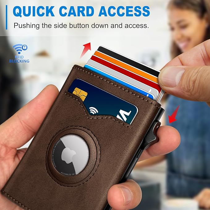 miyozi Airtag Wallet for Men,with Cash Pocket 2 ID Window 9-12 Cards,Metal Case Smart Slim Pop Up Credit Card Holder Flip with Magnetic Closure RFID Blocking Trifold wallet with Gift Box