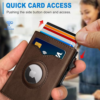 miyozi Airtag Wallet for Men,with Cash Pocket 2 ID Window 9-12 Cards,Metal Case Smart Slim Pop Up Credit Card Holder Flip with Magnetic Closure RFID Blocking Trifold wallet with Gift Box