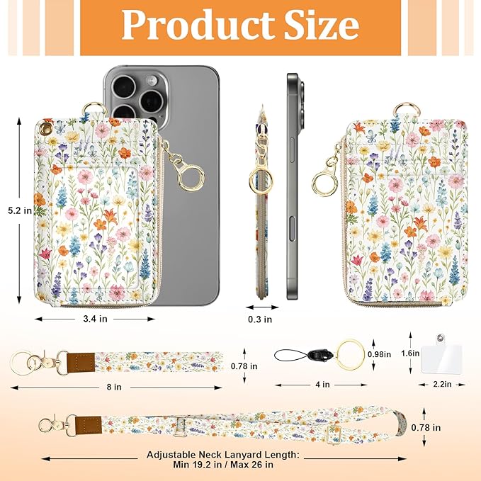 Cute Floral ID Badge Holder with Lanyard Wallet, Women Lanyards for ID Badges, RFID Zipper ID Case Card Holder, Adjustable Neck Lanyard Wrist Strap with Keychain for Teacher Doctor Nurse Gift
