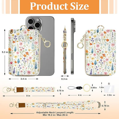 Cute Floral ID Badge Holder with Lanyard Wallet, Women Lanyards for ID Badges, RFID Zipper ID Case Card Holder, Adjustable Neck Lanyard Wrist Strap with Keychain for Teacher Doctor Nurse Gift