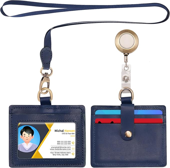 Wonderpool Leather Horizontal Badge Holder with Detachable Neck Lanyard and Retractable Badge Reel Clip, Card Slots Case ID Card Holder for ID Badges Card and Driver Licence (Blue)