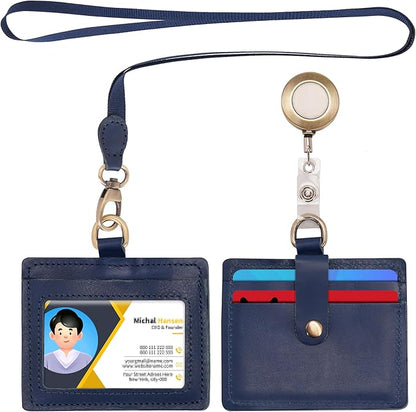 Wonderpool Leather Horizontal Badge Holder with Detachable Neck Lanyard and Retractable Badge Reel Clip, Card Slots Case ID Card Holder for ID Badges Card and Driver Licence (Blue)