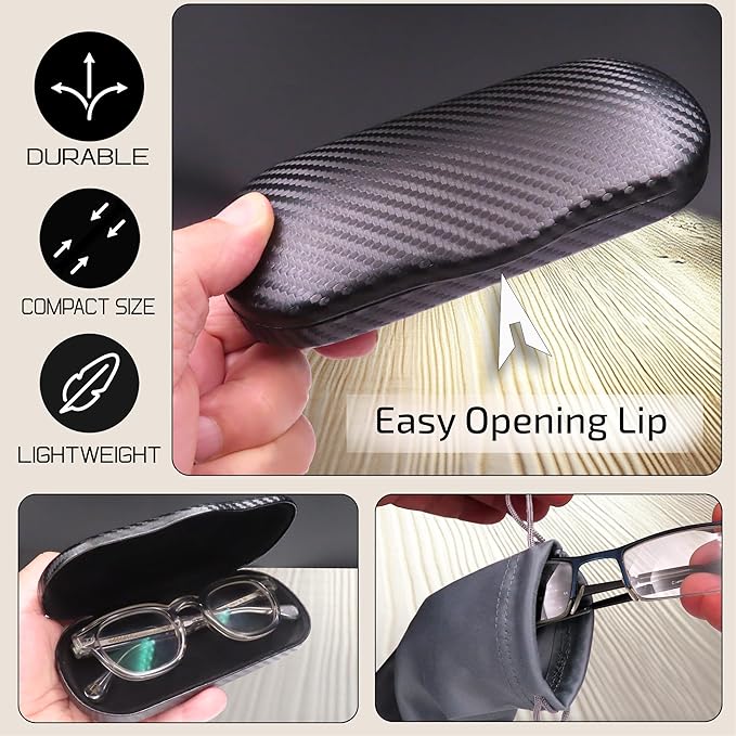 MyEyeglassCase Men's Medium Glasses Case - Classic Eyeglasses Hard Shell Holder, Elegant Easy Open Lip with Pouch and Cloth