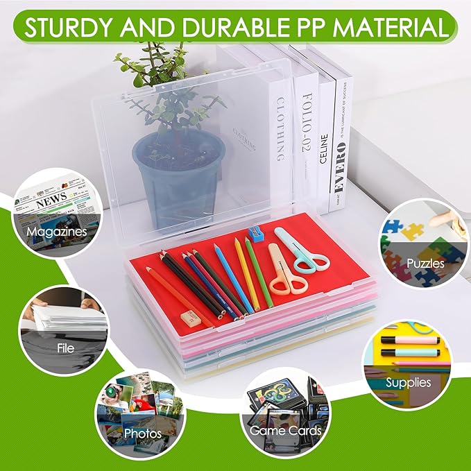 4 Pack Photo Storage Box, Scrapbook Paper Storage Fits 8.5" x 11.5" A4 Letter, Stackable Plastic Paper Storage with Snap for Protecting Scrapbooks, Photos, Game Card, Office Supplies, Files