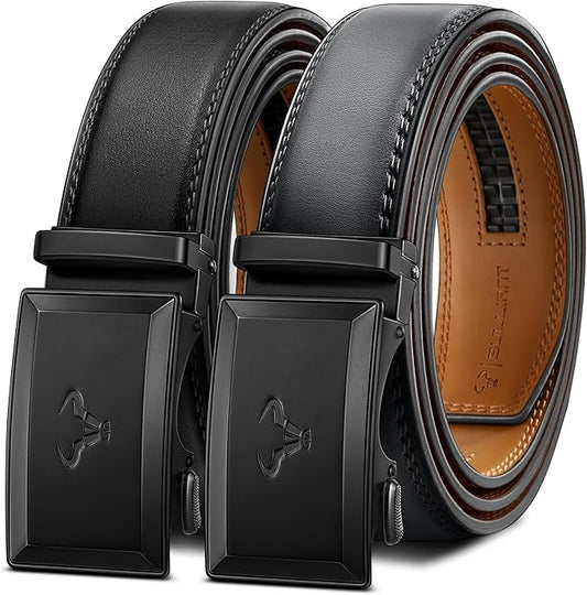 BULLIANT Men Belt 2Pack-Ratchet Leather Belt Adjsutable For Jeans Dress Casual Pant 1 3/8"- Cut For Fit