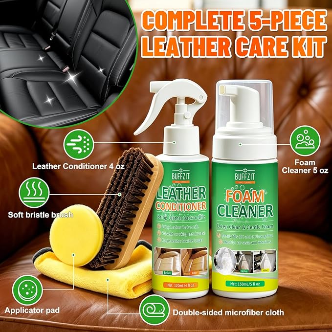 Leather Cleaner and Conditioner Kit – Car Leather Cleaning and Care Kit for Synthetic & Faux Leather, Cleans, Conditions & Protects Automotive Interior, Furniture, Shoes & Boots – 5 Piece Set