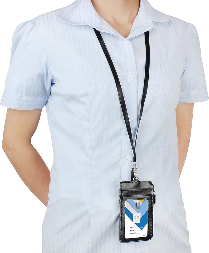 Badge Holder with Zipper, Wisdompro School Supply 2-Sided PU Leather College ID Badge Holder with 1 ID Window, 4 Card Holder Slots, 1 Side Pocket and 20 Inch Leather Neck Strap Lanyard -Vertical Black