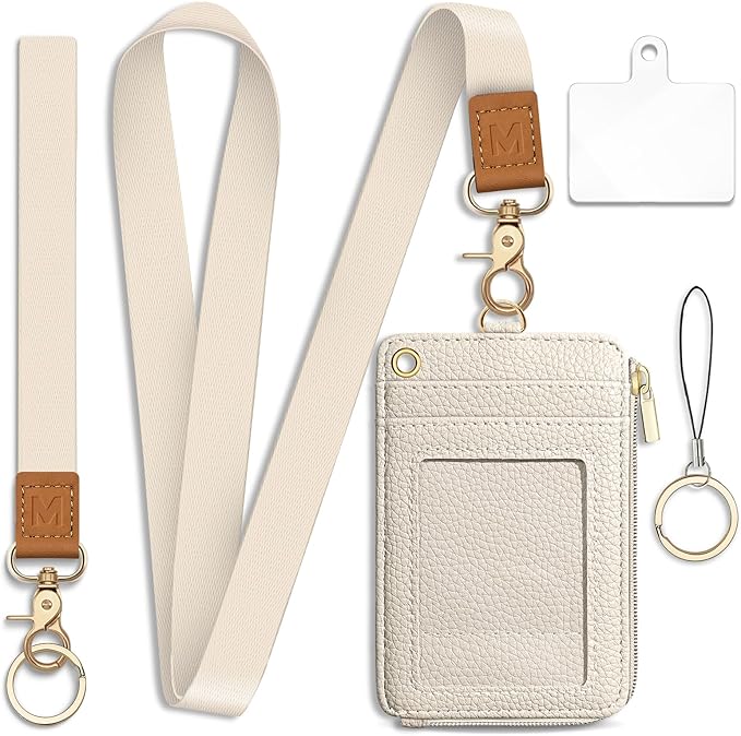 Lanyard Wallet with Id Badge Holder, White RFID Small Keychain Wallet Women Wristlet, Minimalist Zipper Credit Card Holder Phone Wrist Neck Strap for Key Name Tag, Teacher Student Office Gift