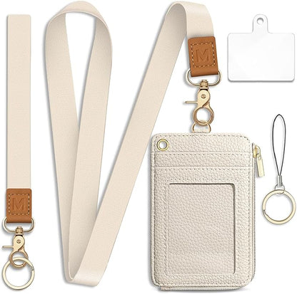 Lanyard Wallet with Id Badge Holder, White RFID Small Keychain Wallet Women Wristlet, Minimalist Zipper Credit Card Holder Phone Wrist Neck Strap for Key Name Tag, Teacher Student Office Gift