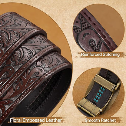 Cowboy Western Ratchet Belt for Men Women with Automatic Western Buckle, Ratchet Cowboy Leather Belt for Jeans Gifts