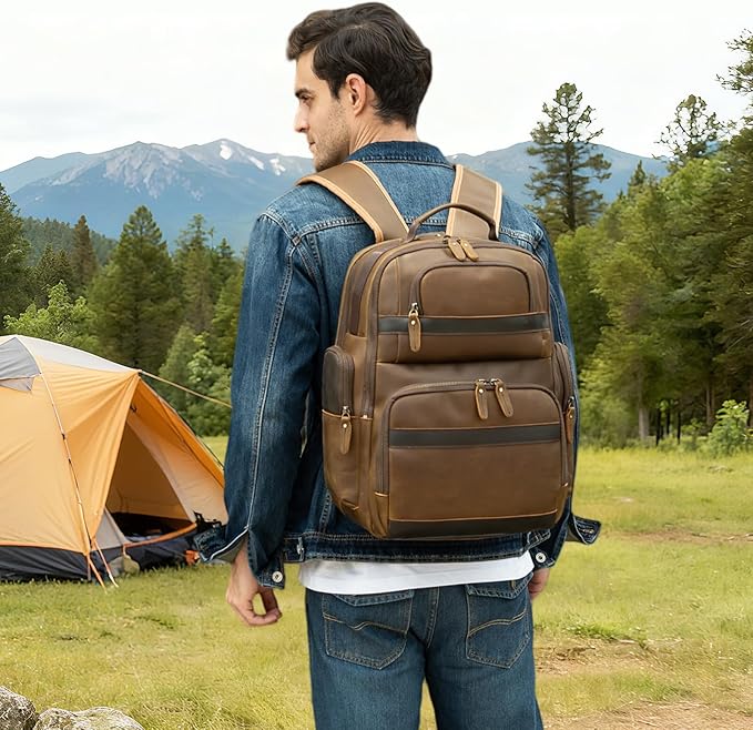 TIDING Men's Vintage Leather Backpack 15.6" Laptop Bag Large Capacity Business Travel Hiking Shoulder Daypacks