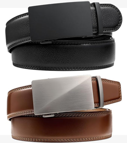 Founders & C Mens Belt 2 Pack,Leather Ratchet Click Belt Dress with Slide Buckle 1 3/8" in Gift Set Box- Size Adjustable