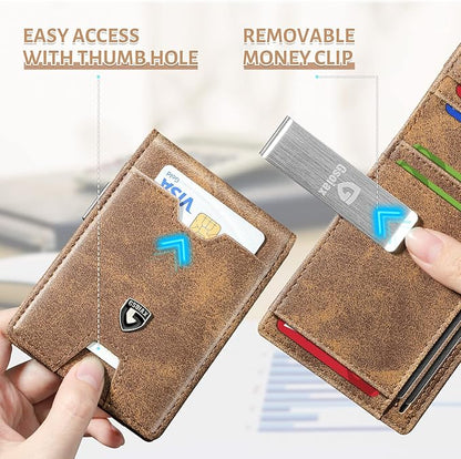 GSOIAX Men's Slim RFID Blocking Leather Wallet with Money Clip | Minimalist Carbon Fiber Bifold Credit Card Holder | 11 Card Slots | Gift Box Included(Leather Brown)