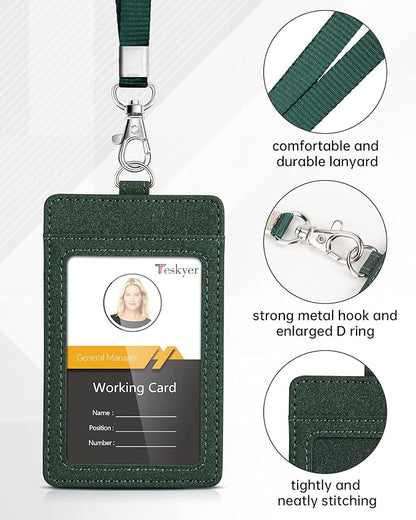 Teskyer Badge Holder with Lanyard, Leather ID Name Badge Card Holder with Lanyard for ID Badges, Vertical, Starry Dark Green