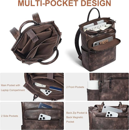 Leather Laptop Backpack for Women, Travel Backpack Purse Fits 15.6 Inch Laptop, Casual Daypack with Laptop Compartment for College Work Business Nurse Weekender, Coffee