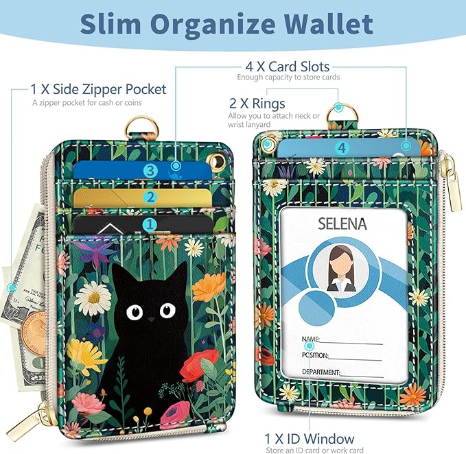 Lanyard Wallet with Id Badge Holder, Black Cat RFID Small Keychain Wallet Women Wristlet, Cute Zipper Credit Card Holder Phone Wrist Neck Strap for Key Name Tag, Teacher Student Office Gifts