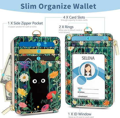 Lanyard Wallet with Id Badge Holder, Black Cat RFID Small Keychain Wallet Women Wristlet, Cute Zipper Credit Card Holder Phone Wrist Neck Strap for Key Name Tag, Teacher Student Office Gifts