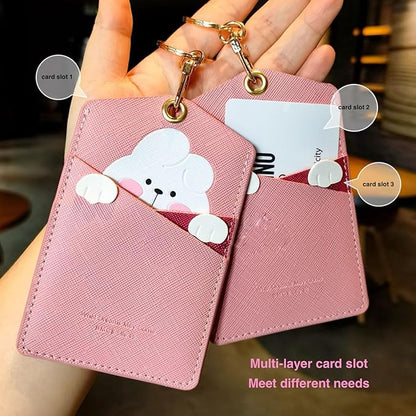 PU Leather ID Badge Holder with Keychain - Cartoon Animal Cute ID Badge Holder, 3 Card Slots for Professionals, Students, Nurse Officer, School Women Girls Boys (Pink)