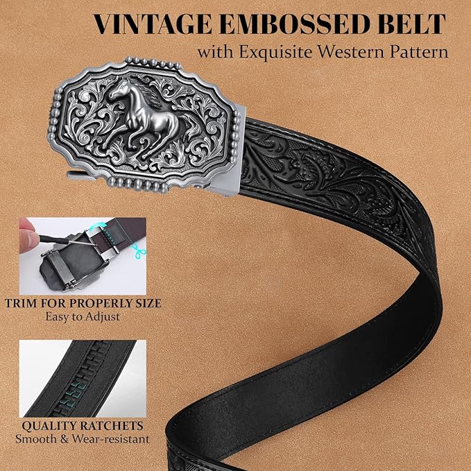 SANSTHS Western Cowboy Ratchet Belts for Men Women Leather Cowboy Belt with Automatic Western Buckle for Jeans Gifts