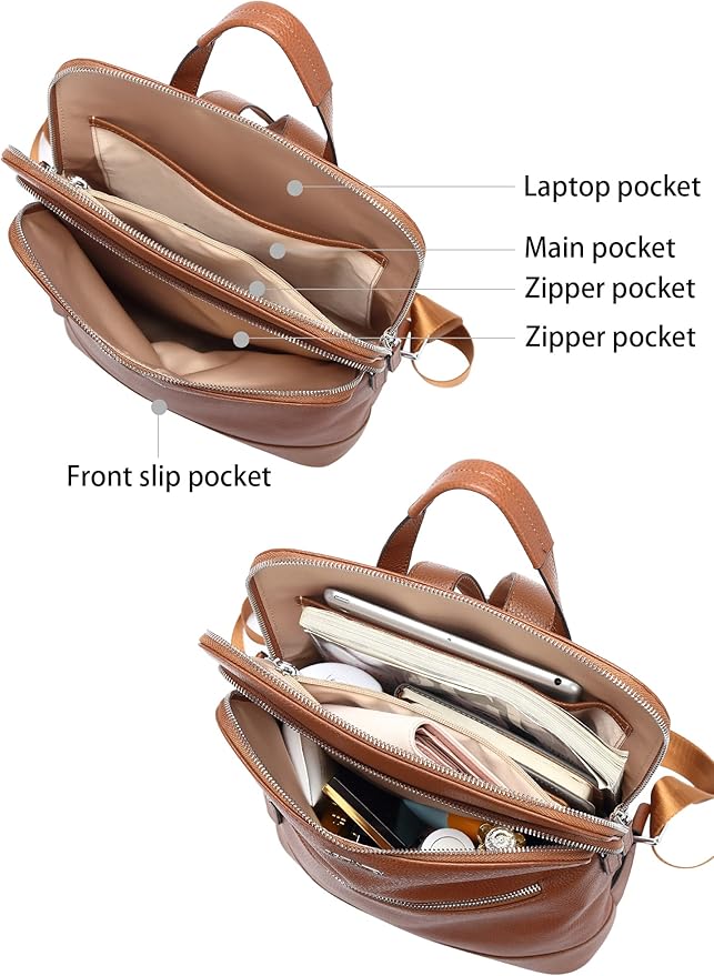 BOSTANTEN Leather Laptop Backpack for Women 15.6 inch Computer Bag Travel Work Daypack Large Size Bag