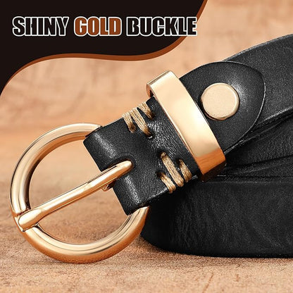 SANSTHS Womens Genuine Leather Belts for Jeans Pants Trendy Vintage Thin Leather Belt Gold Buckle Ladies Skinny Waist Belt
