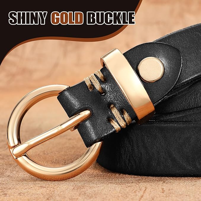 SANSTHS Womens Genuine Leather Belts for Jeans Pants Trendy Vintage Thin Leather Belt Gold Buckle Ladies Skinny Waist Belt