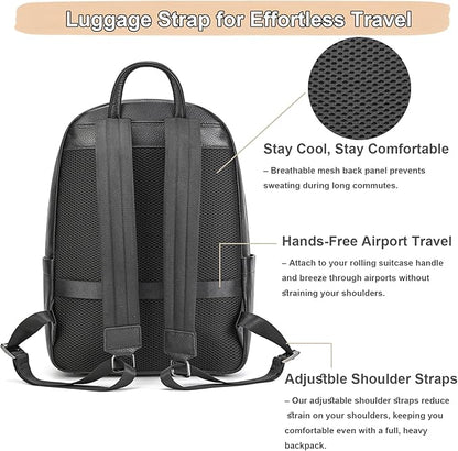 Genuine Leather 15.6 Inch Laptop Backpack for Men, Multi Pocket Casual Daypack Shoulder Bag for Business Travel Outdoor, Black