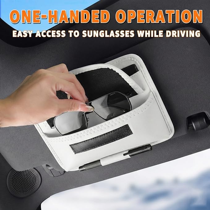 HOLDCY Car Visor Organizer – Sun Visor Storage Pouch Holder for Vehicle Truck SUV, PU Leather Auto Interior Accessories for Registration Document, Gas Card & Sunglasses, Universal Fit (White)
