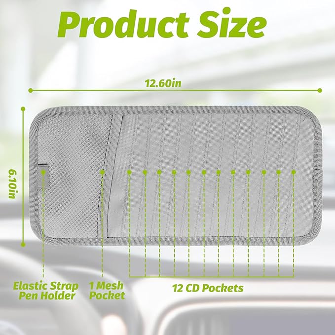 Car CD & DVD Holder - Large Capacity CD Visor Case, Vehicle Visor Storage Organizer with 12 Disc Sleeves, 1 Mesh Pocket 1 Pen Holder and & Elastic Band (Grey)