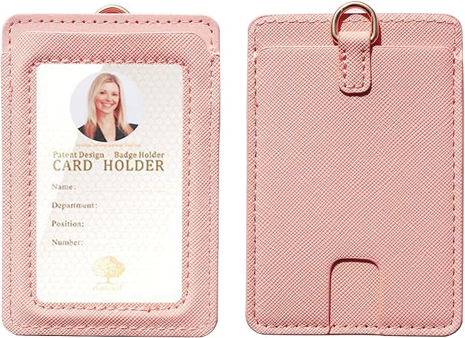 Badge Holder with Lanyard,Leather ID Card Holder,Vertical Lanyard ID Card Holder for Work Office (Pink-Slim)