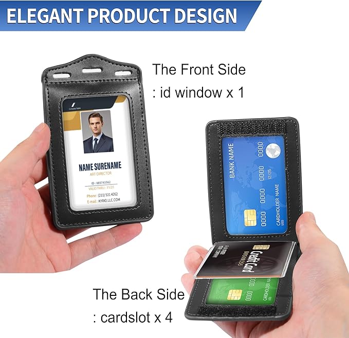 Badge Holder with Lanyard,Trifold Leather ID Card Holder with Clear ID Window,5 Card Slots for Name Tag,Credit Card,Bank Card and Passport(Black)