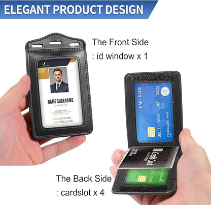 Badge Holder with Lanyard,Trifold Leather ID Card Holder with Clear ID Window,5 Card Slots for Name Tag,Credit Card,Bank Card and Passport(Black)