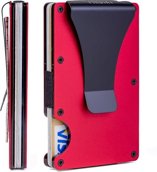 Minimalist Slim Wallet for Men,RFID Blocking Metal Wallet,Aluminum Credit Card Holder & Money Clip 12-15 Cards,Slim Rfid Front Pocket Mens Wallet,Matt Red