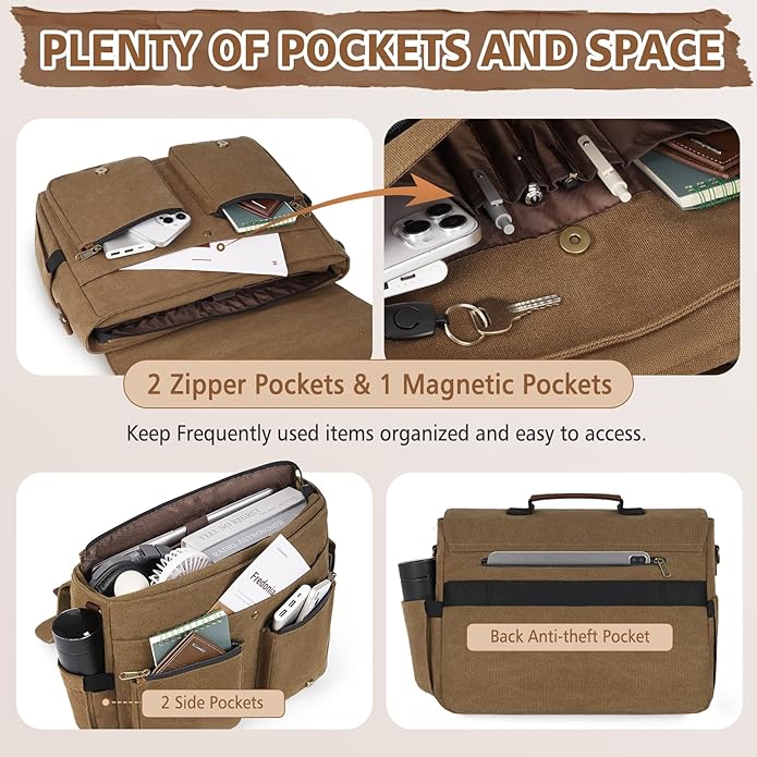 RAINSMORE Messenger Bag for Men, 15.6-17.3 inch Laptop Bag, Canvas Briefcase with Luggage Strap, Satchel for College Work
