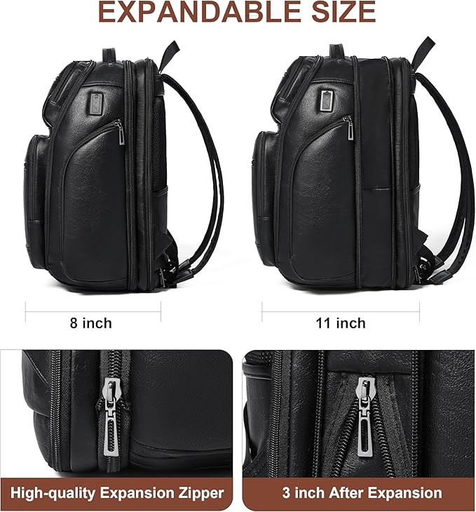 Vegan Leather Backpack, 40L Expandable, TSA Travel Backpack for Men and Women, Fits 17.0 Inch Notebook with Luggage Strap and USB Port, Black