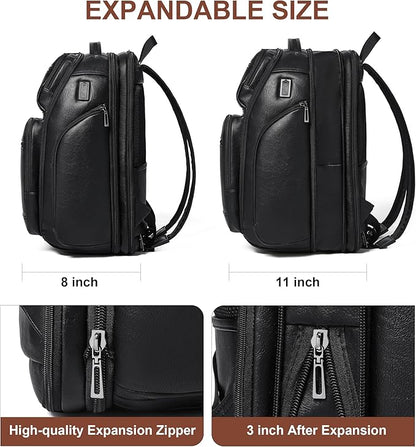 Vegan Leather Backpack, 40L Expandable, TSA Travel Backpack for Men and Women, Fits 17.0 Inch Notebook with Luggage Strap and USB Port, Black