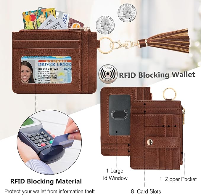 KNGITRYI Wallet Keychain Wristlet for Women,Slim RFID Credit Card Holder Purse Tassel Keychain Bangle Key Ring for Men Women