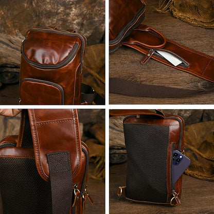Thick Crazy horse Leather Triangle Crossbody Sling Chest Bag Travel One Shoulder Bag Daypack For Men Male 3028