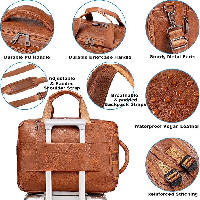 weiatas 3-in-1 Vegan Leather Convertible Laptop Bag for Men Women, Expandable Travel Backpack Work Briefcase Messenger Bag | Convertible, Expandable, Multi-pocket, Waterproof
