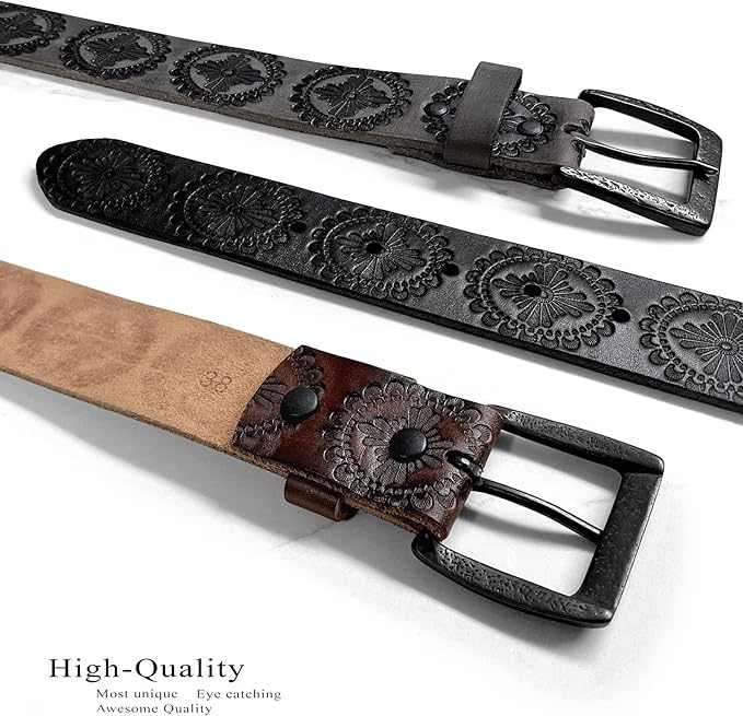 Cowboy Cowgirl Western Tooled Floral Embossed Full Grain Genuine Leather Belt Strap 1-1/2"(38mm) Wide