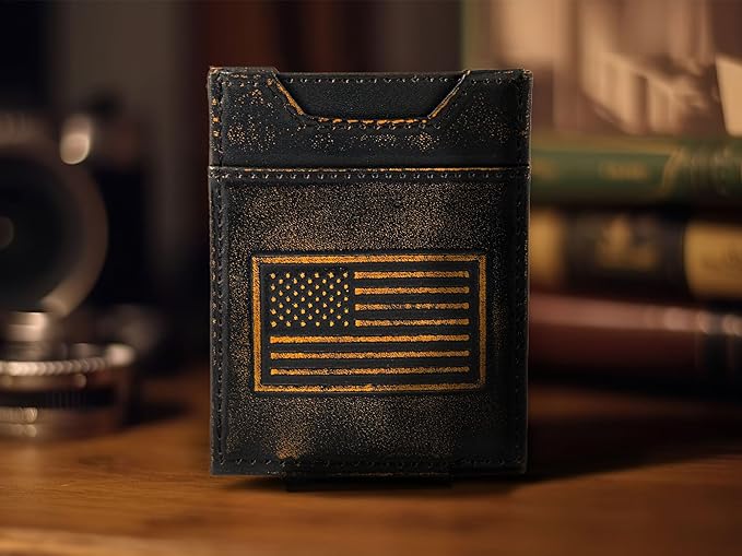 ZEP-PRO American Flag Burnished Leather Magnetic Front Pocket Wallet, Slim Stylish for Men